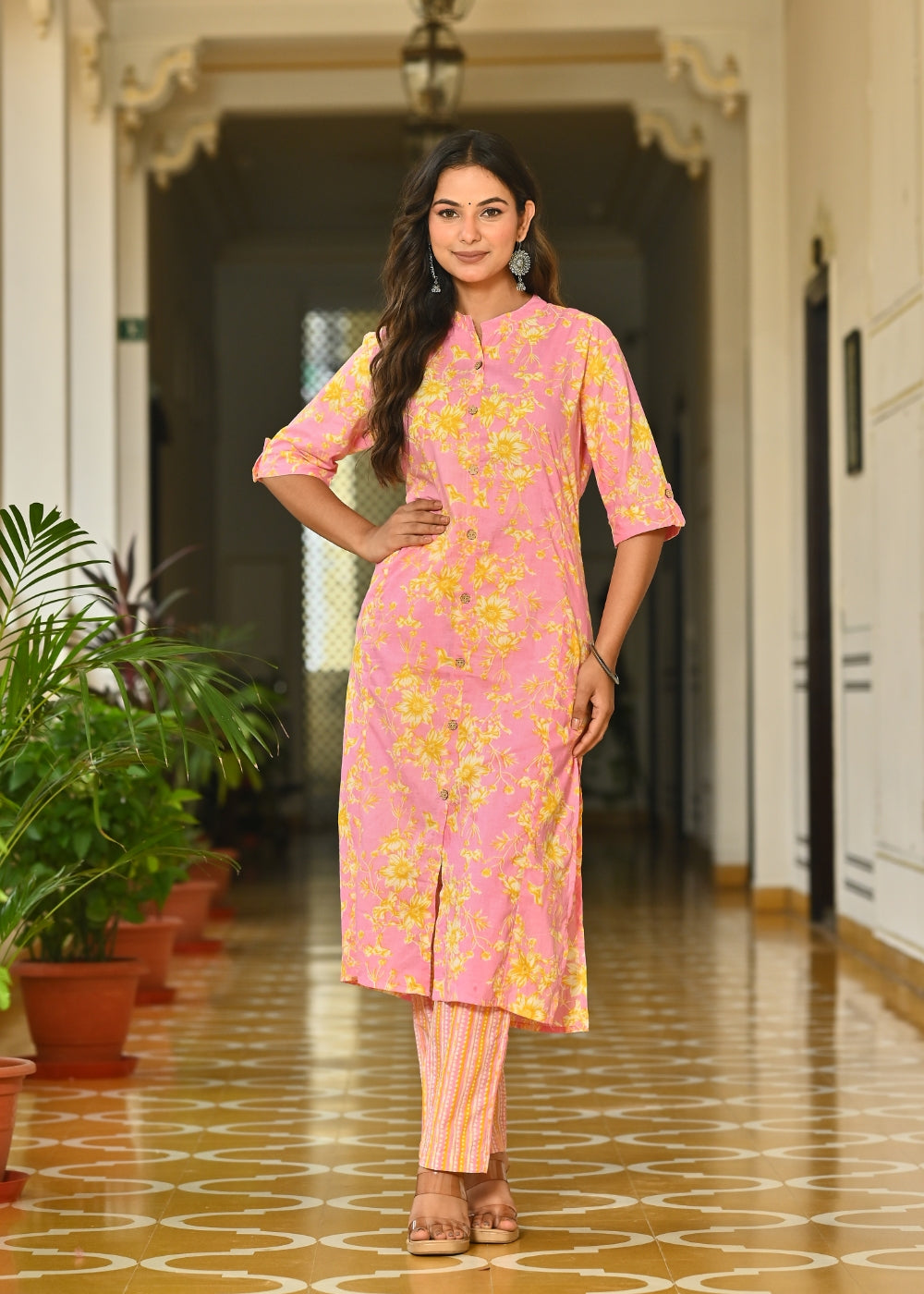 Pink Floral Printed Cotton Kurta Set